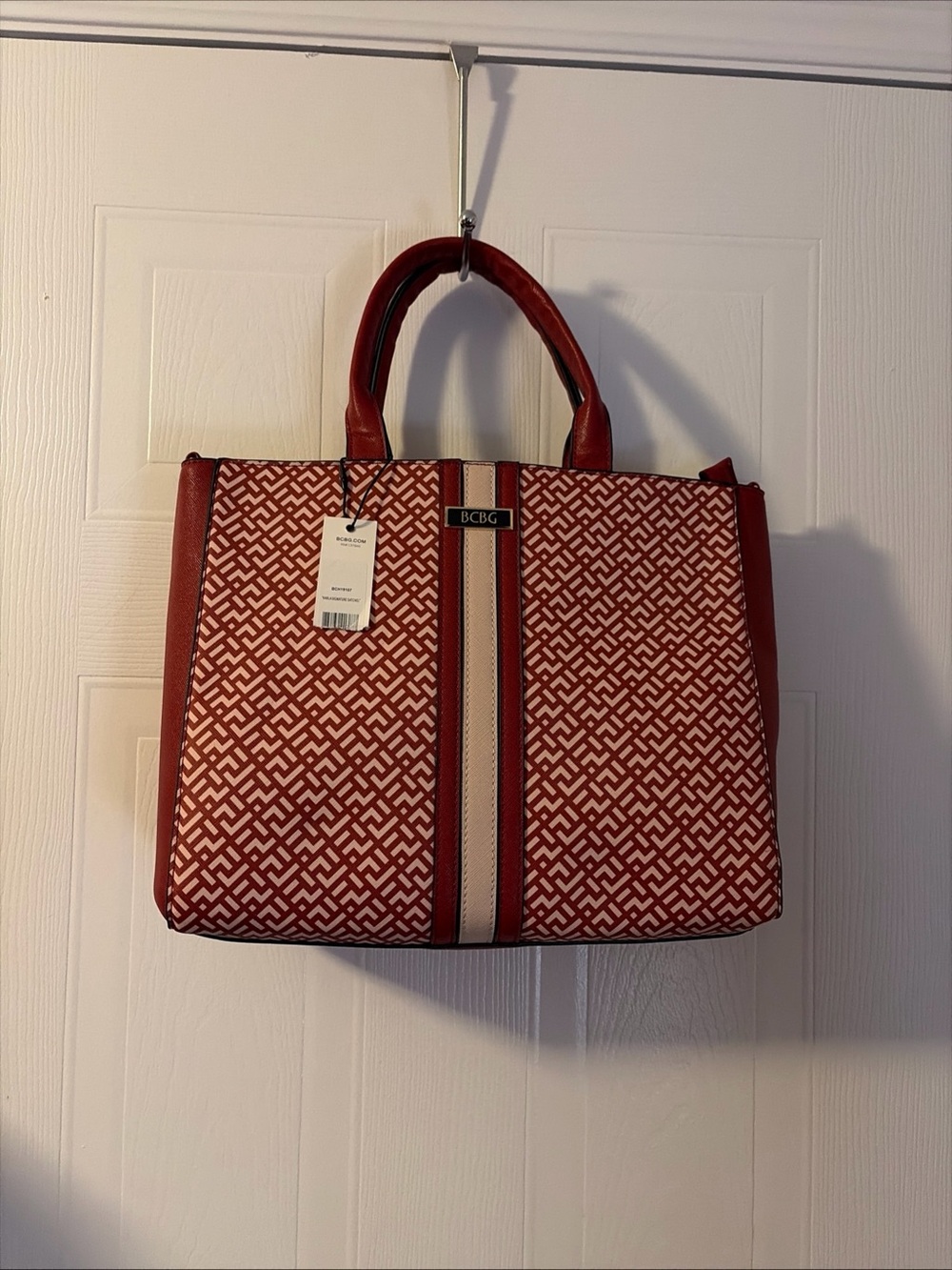 BCBG Red Satchel Top Handle Bag Gold Zip Close Inner Pockets NWT